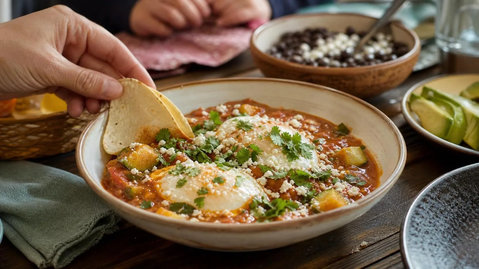 Huevos ahogados con jitomate y calabacitas servidos en mesa casera con tortillas