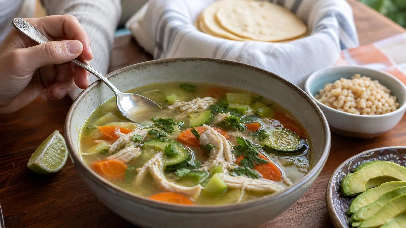 Caldo claro de verduras con pavo servido en mesa casera con limon y cuchara