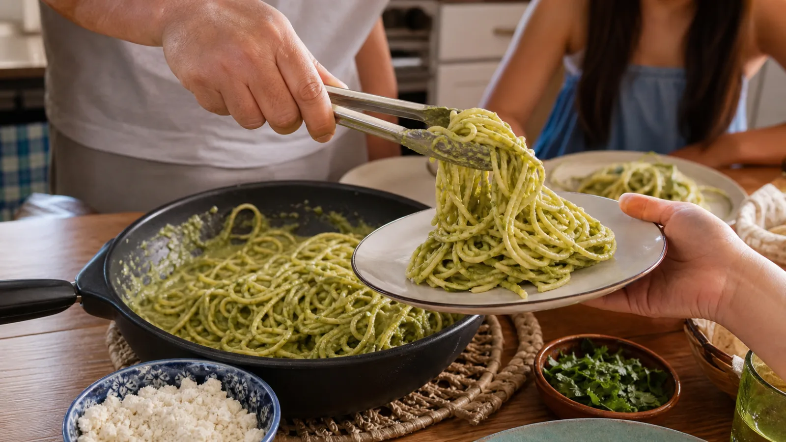 Espagueti verde servido en mesa familiar con queso fresco cilantro y pinzas de cocina