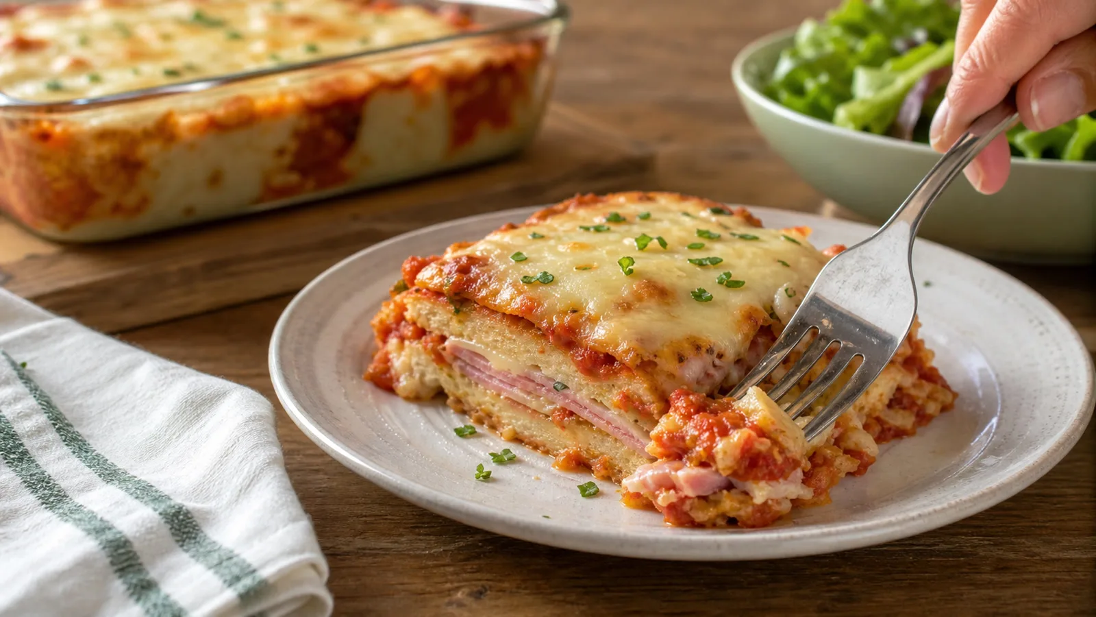 Porcion servida de lasana de pan de caja con jamon queso y salsa de jitomate en mesa casera