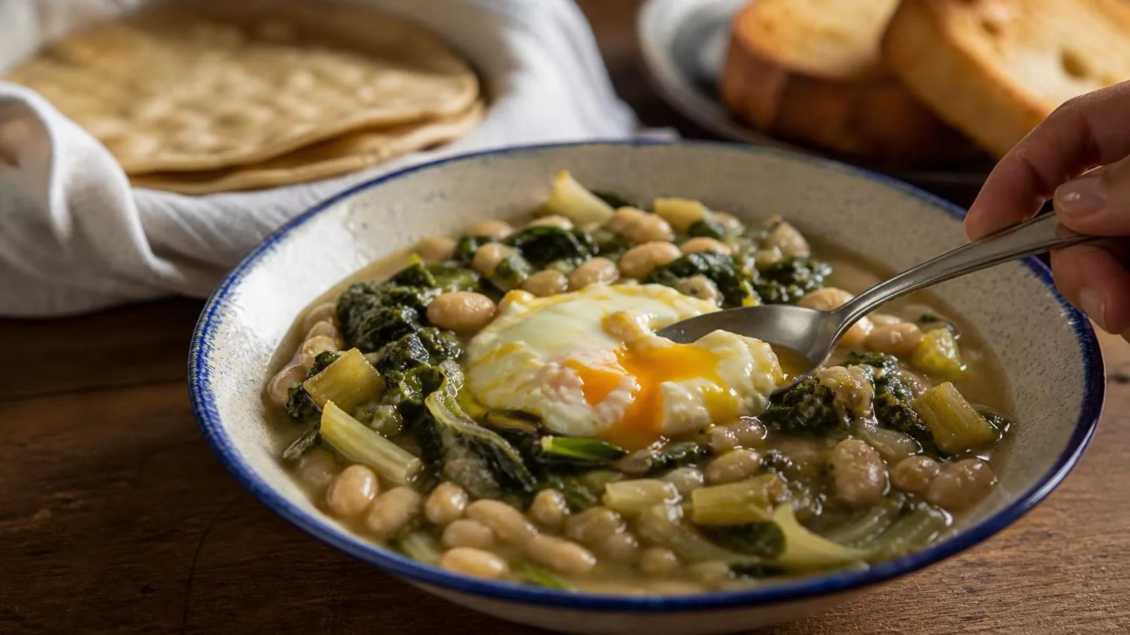 Acelgas guisadas con frijoles blancos y huevo suave servidas en mesa casera
