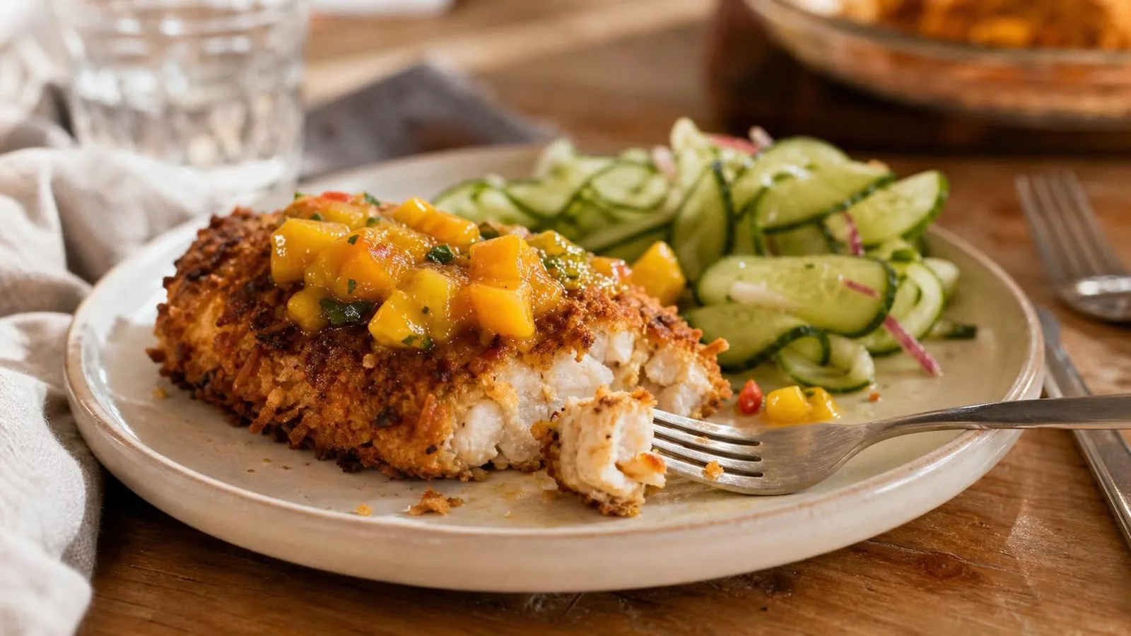 Filete de pescado empanizado con coco servido con salsa de mango en mesa casera distinto a la portada