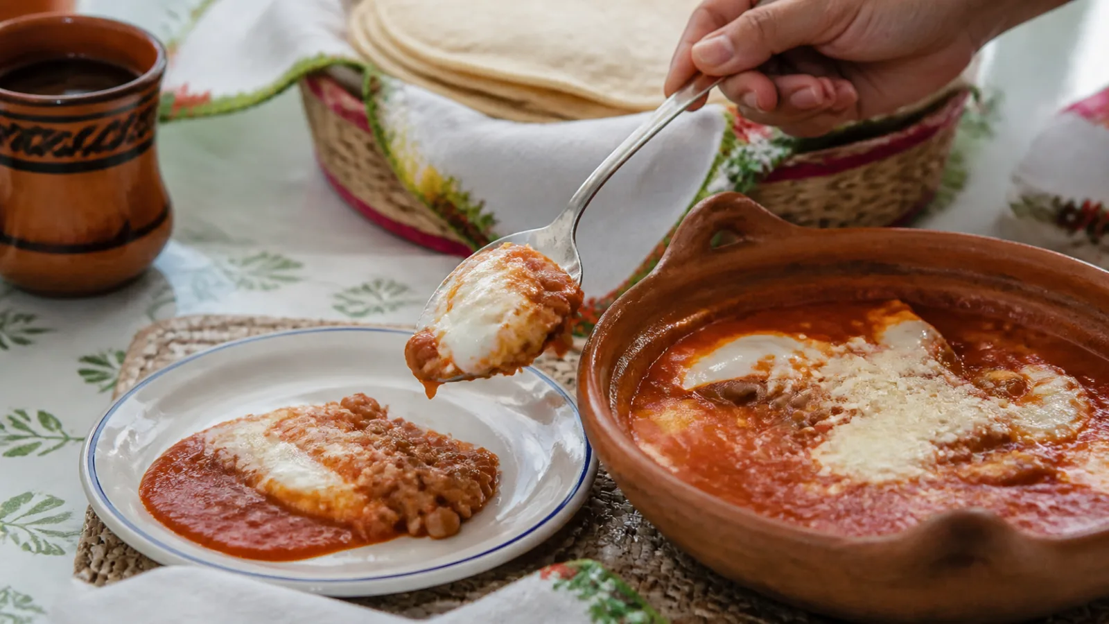 Cazuelita de frijoles con huevo en salsa roja siendo servida con cuchara en mesa casera