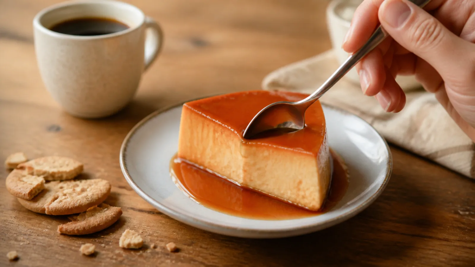 Rebanada de flan de galleta Maria servida con caramelo y cuchara en mesa casera distinta a la portada