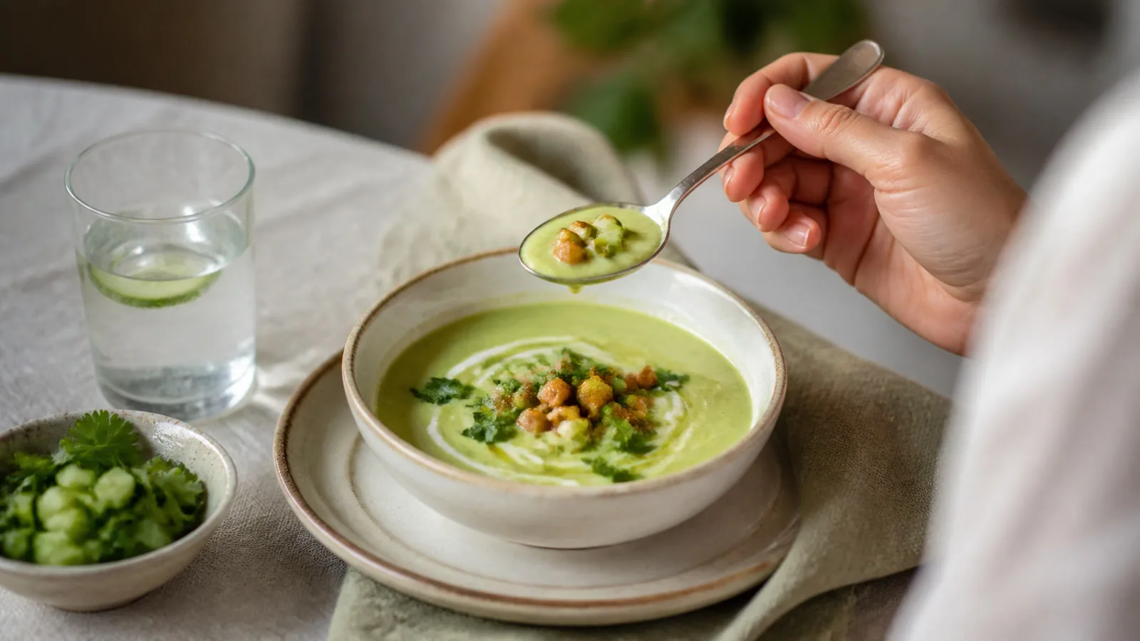 Sopa fria de pepino con aguacate yogur y garbanzos crujientes siendo comida con cuchara en mesa casera