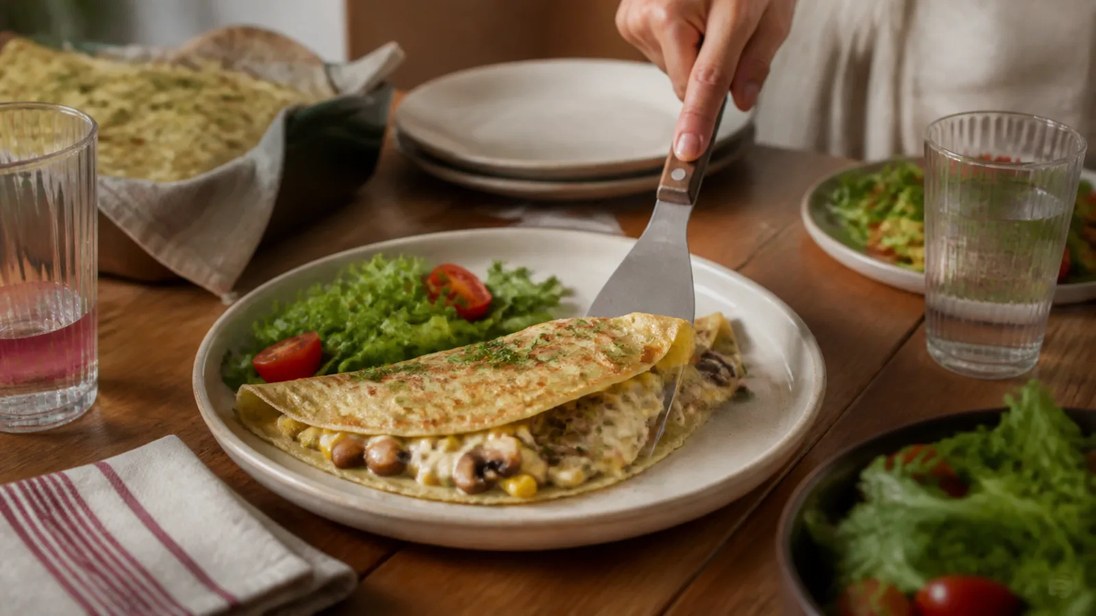 Crepas saladas de champinones con elote y queso servidas en mesa familiar con ensalada