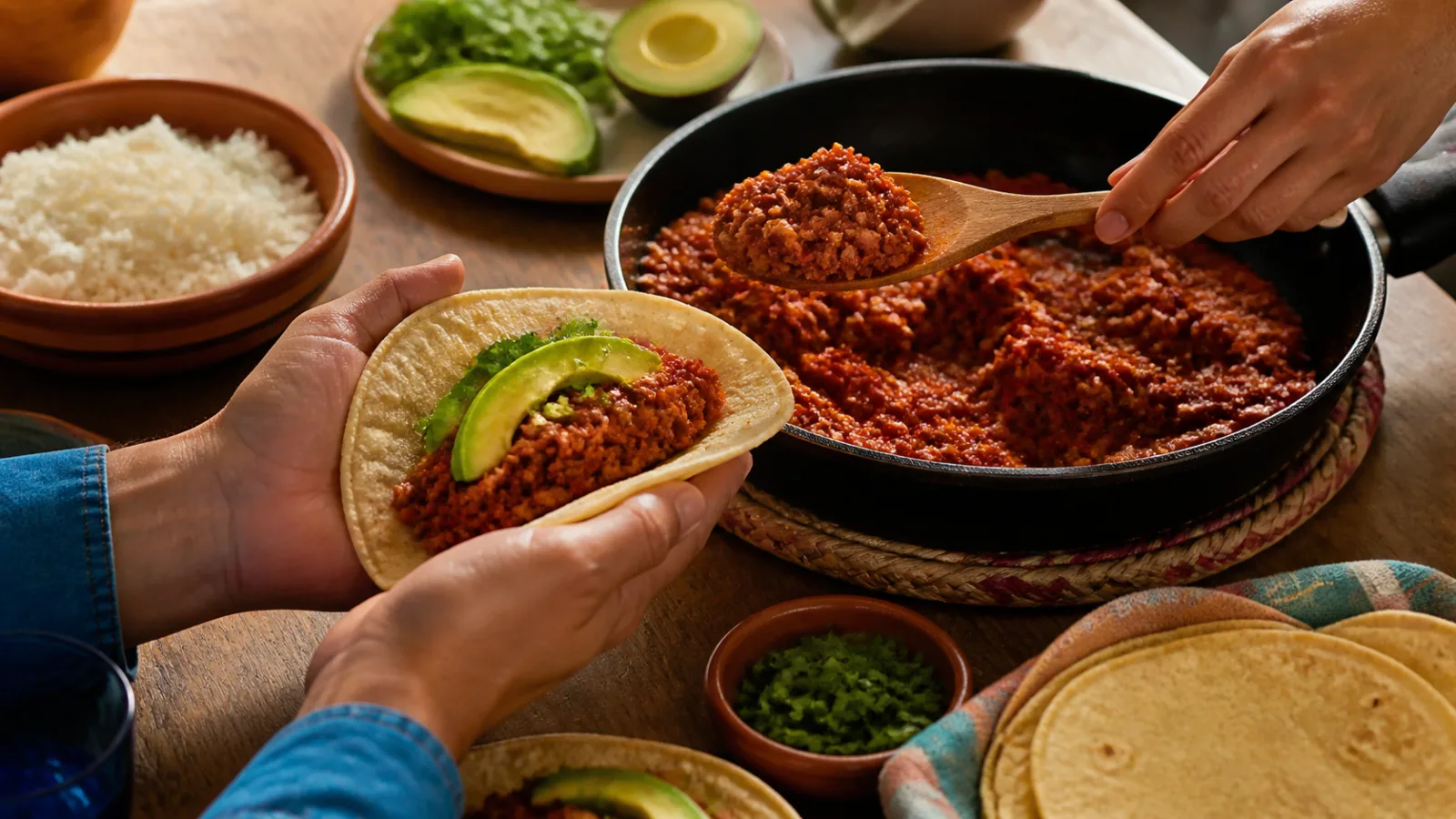 Picadillo de soya texturizada servido en tortillas con aguacate y cilantro en mesa casera