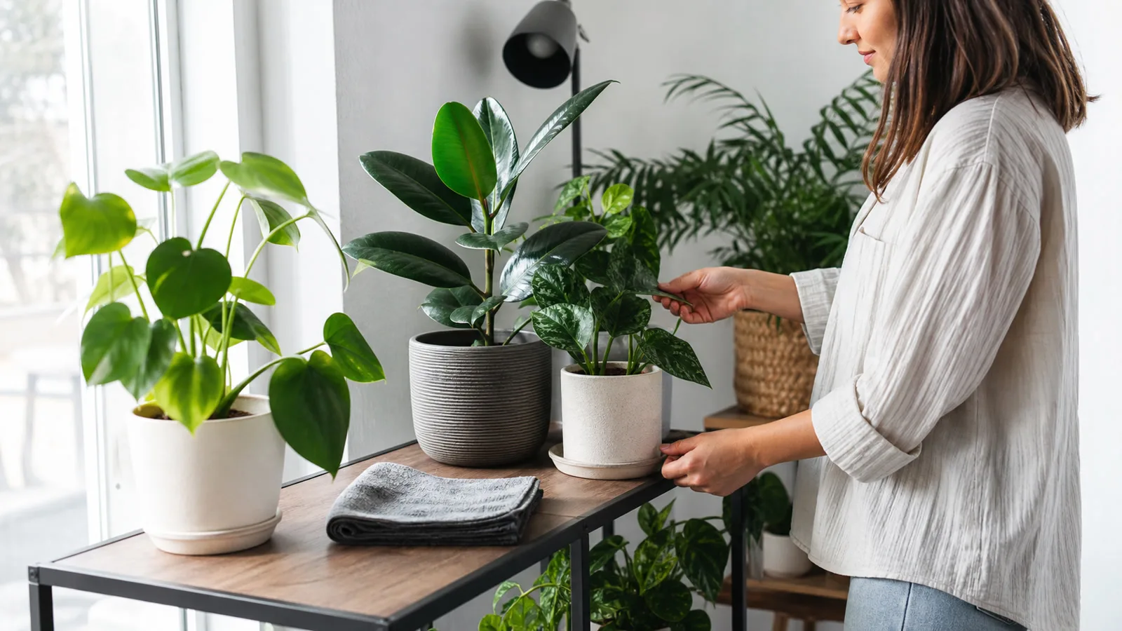Plantas de interior con hojas limpias junto a una ventana después de la limpieza