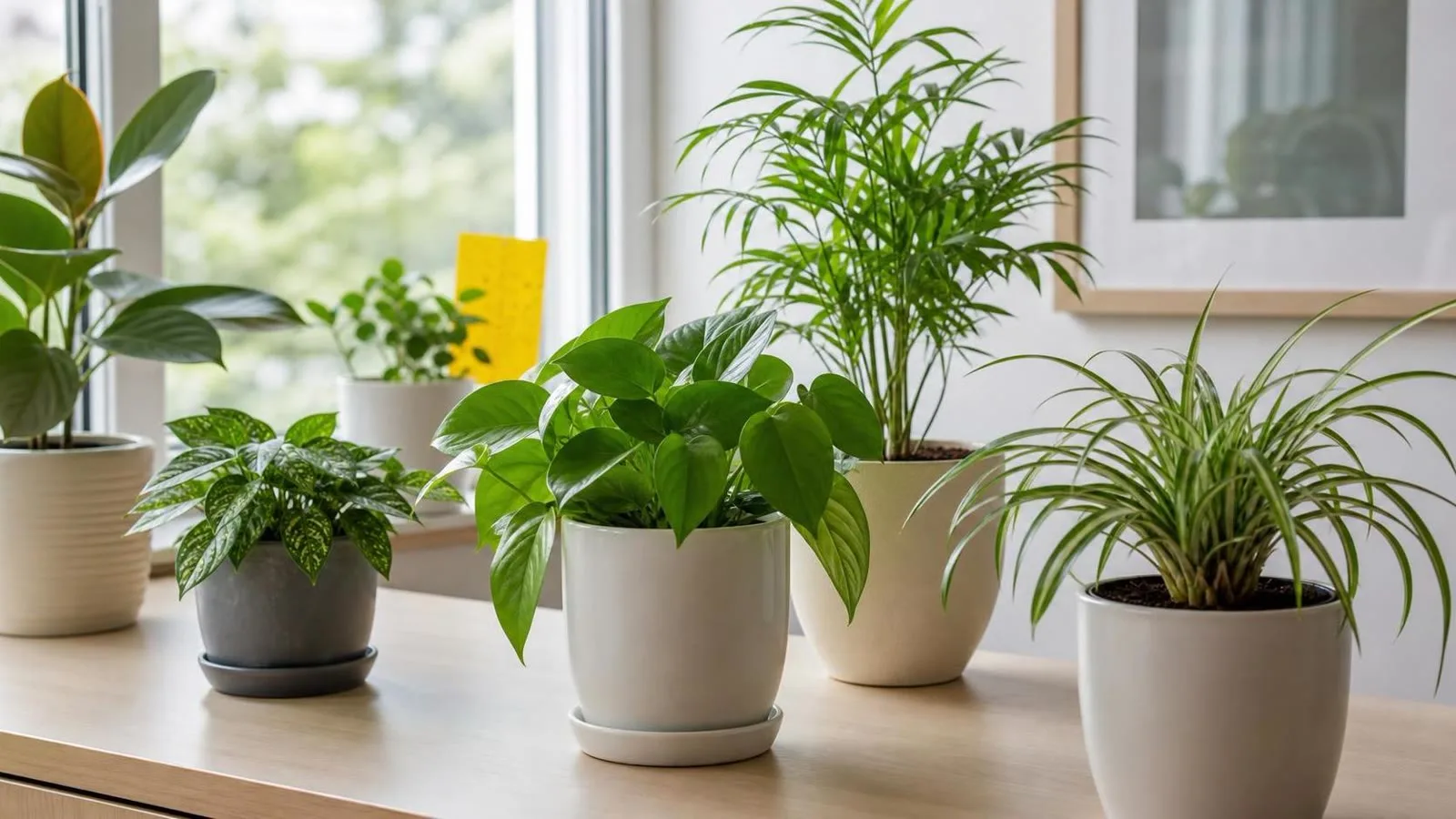 Plantas de interior sanas en mesa luminosa despues de controlar mosquitos pequenos