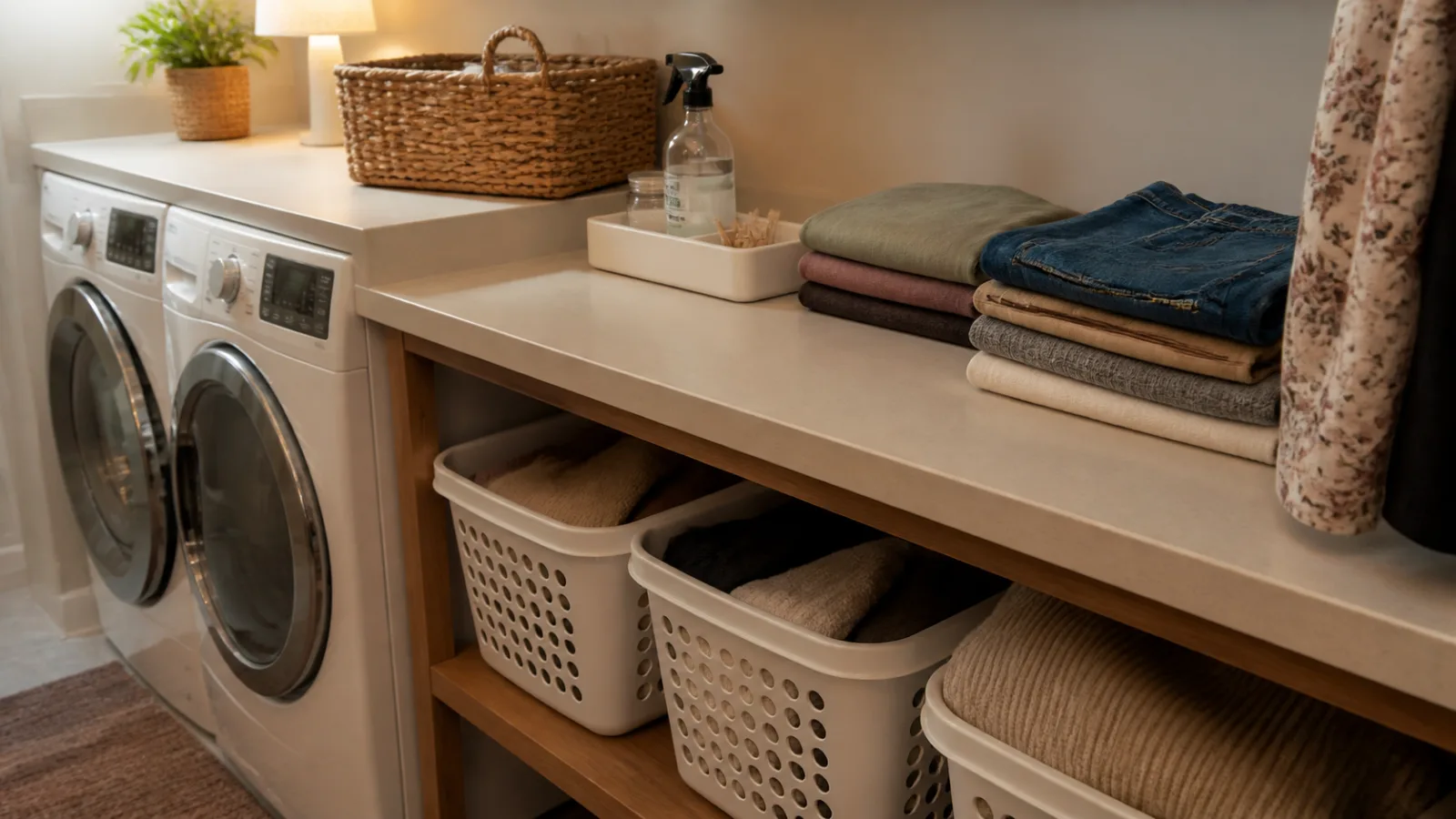 Zona de lavado organizada con cestos bajo la mesa, ropa doblada y productos agrupados en bandeja