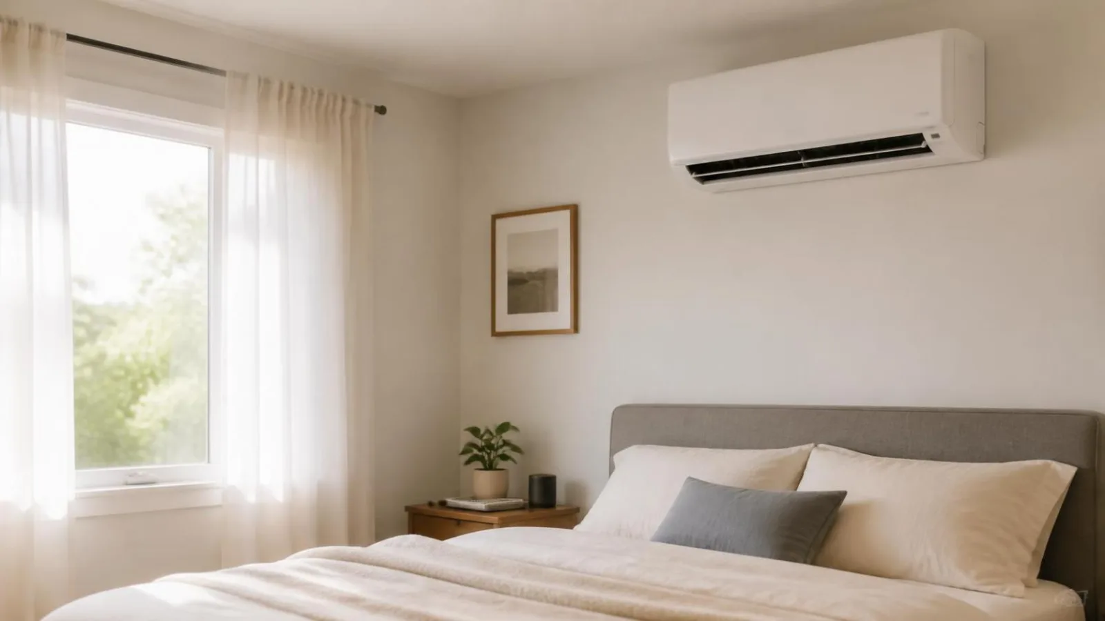 Aire acondicionado domestico limpio con rejilla colocada y sala ordenada despues de la limpieza