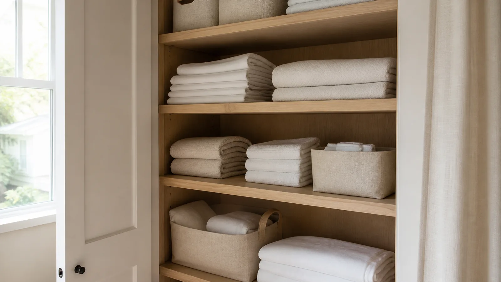 Closet de blancos terminado con sabanas, toallas y cobijas organizadas en repisas limpias