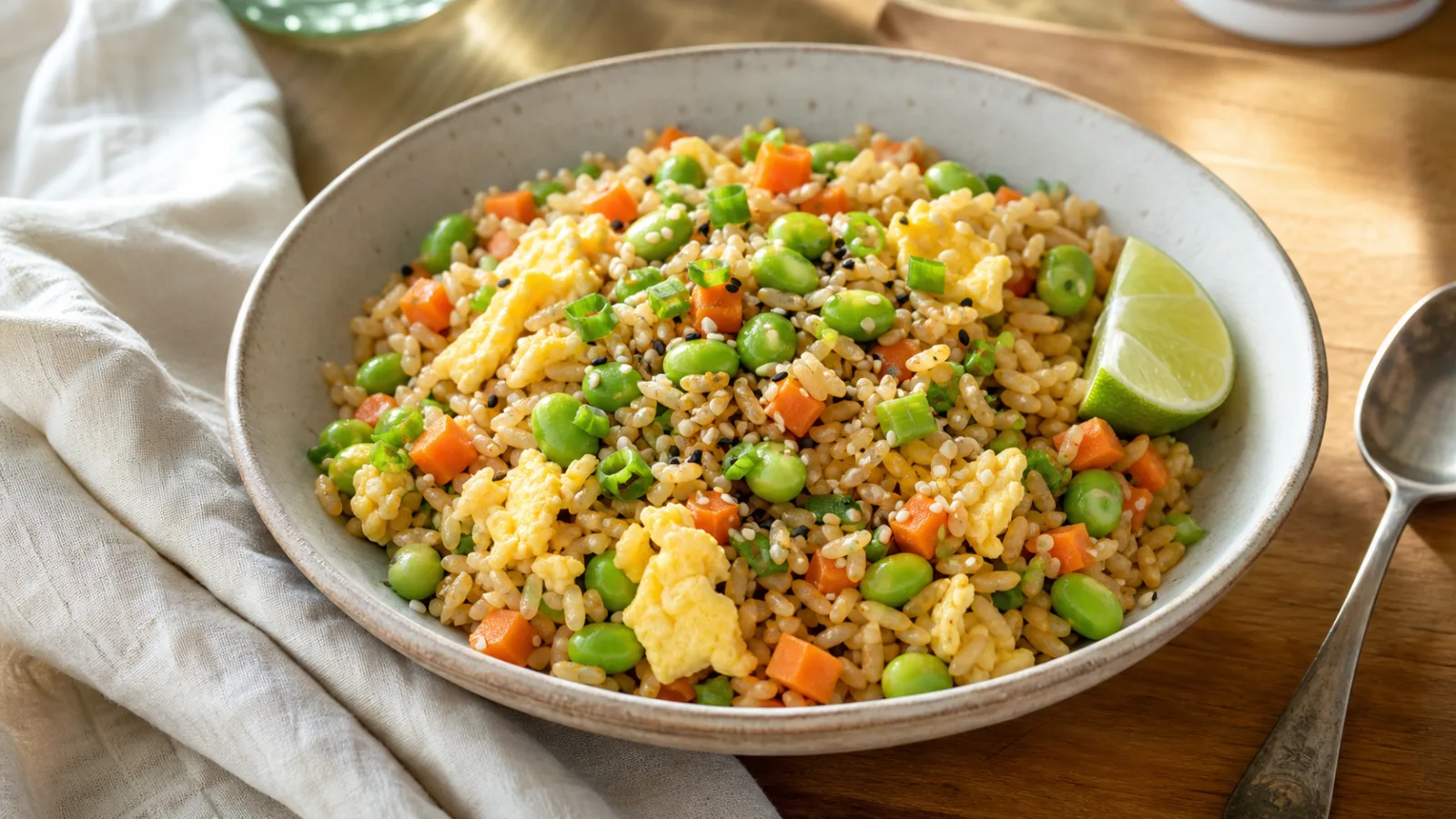 Arroz integral salteado con edamame zanahoria y huevo servido en plato casero