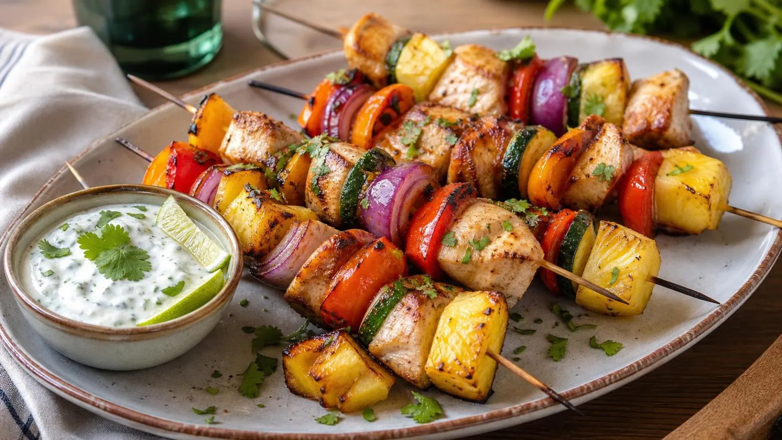 Brochetas de pavo con piña y verduras al comal servidas en plato casero