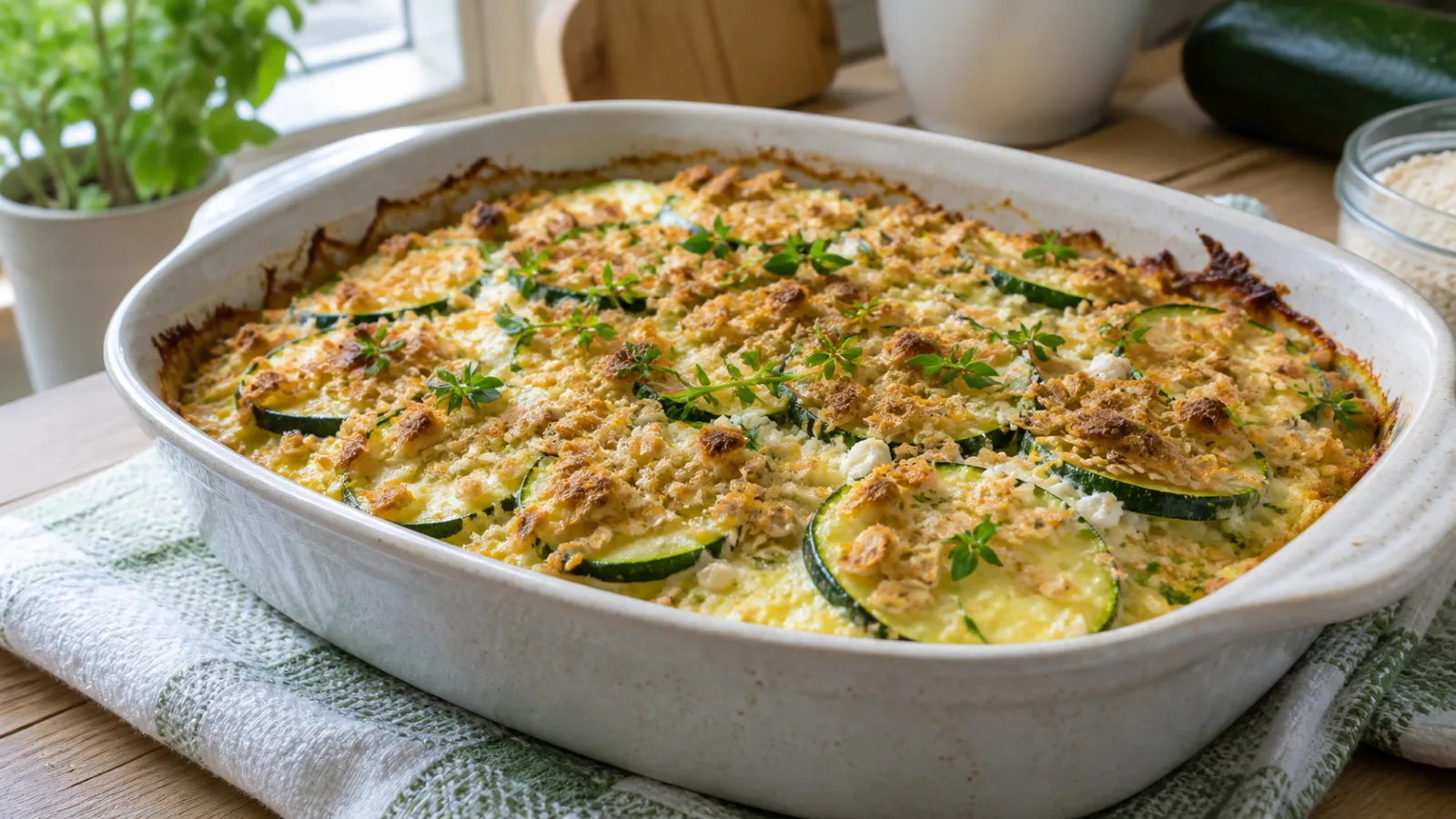 Calabacitas gratinadas ligeras con avena y queso cottage servidas en refractario casero