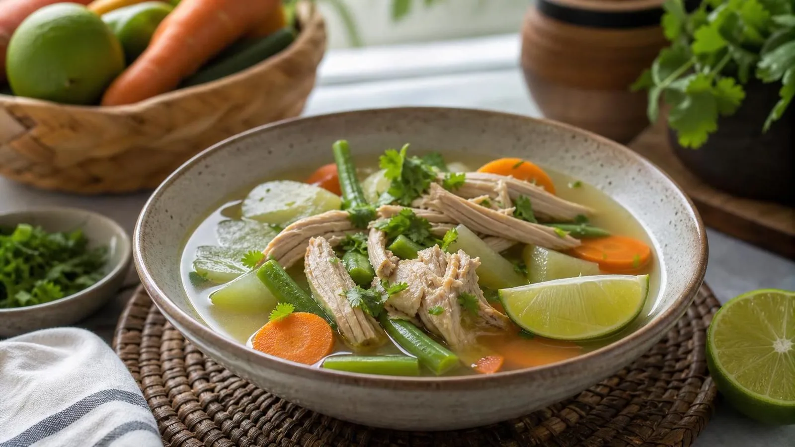 Caldo claro de verduras con pavo deshebrado y limon servido en tazon casero