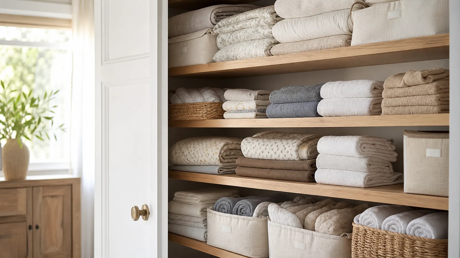 Closet de blancos casero con sabanas, toallas y cobijas organizadas en repisas y canastas