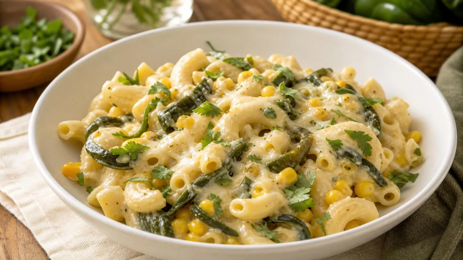 Coditos cremosos con elote y chile poblano servidos en plato hondo