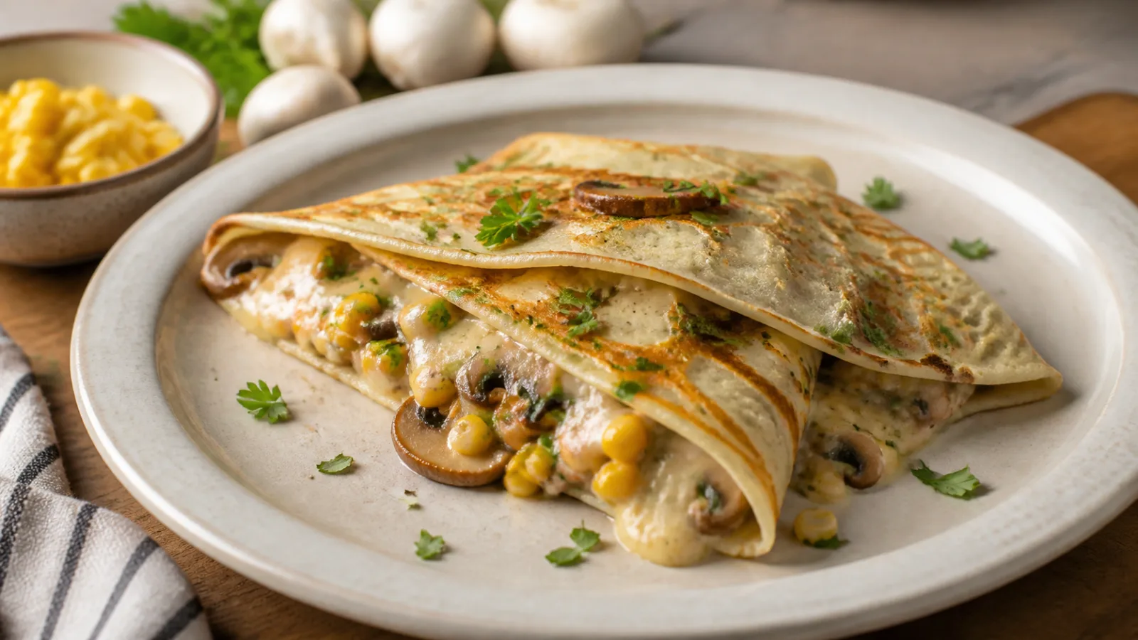 Crepas saladas de champinones con elote y queso servidas en plato casero
