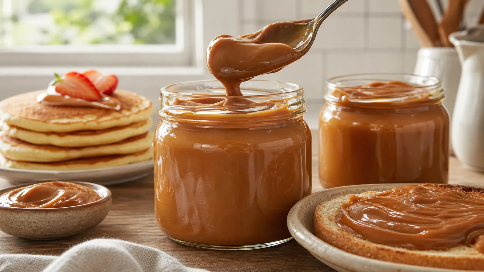 Dulce de leche casero cremoso servido en frascos
