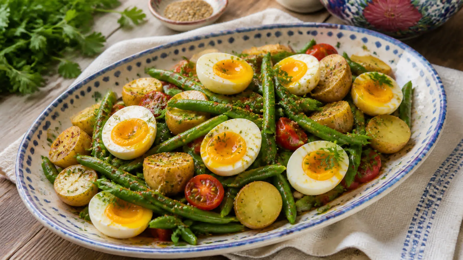 Ejotes salteados con huevo cocido papa cambray y vinagreta de mostaza servidos en plato casero