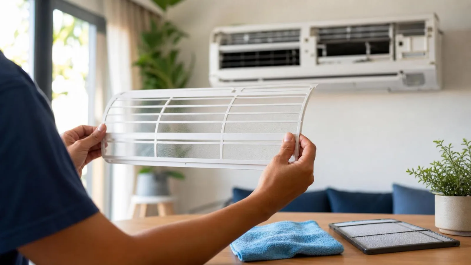 Rejilla y filtro lavable de aire acondicionado limpios en una casa ordenada