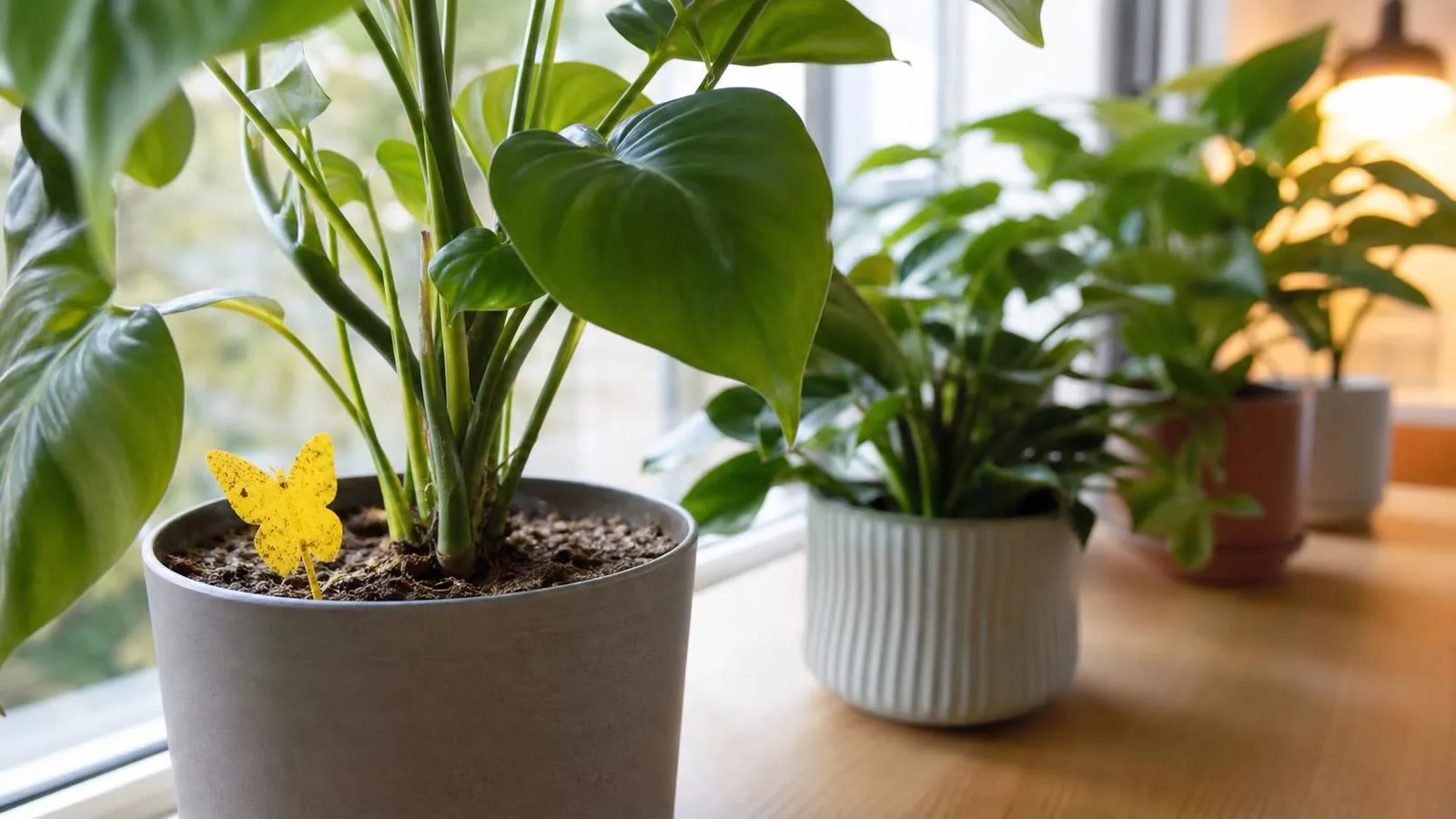 Plantas de interior con trampas amarillas discretas para controlar mosquitos pequenos