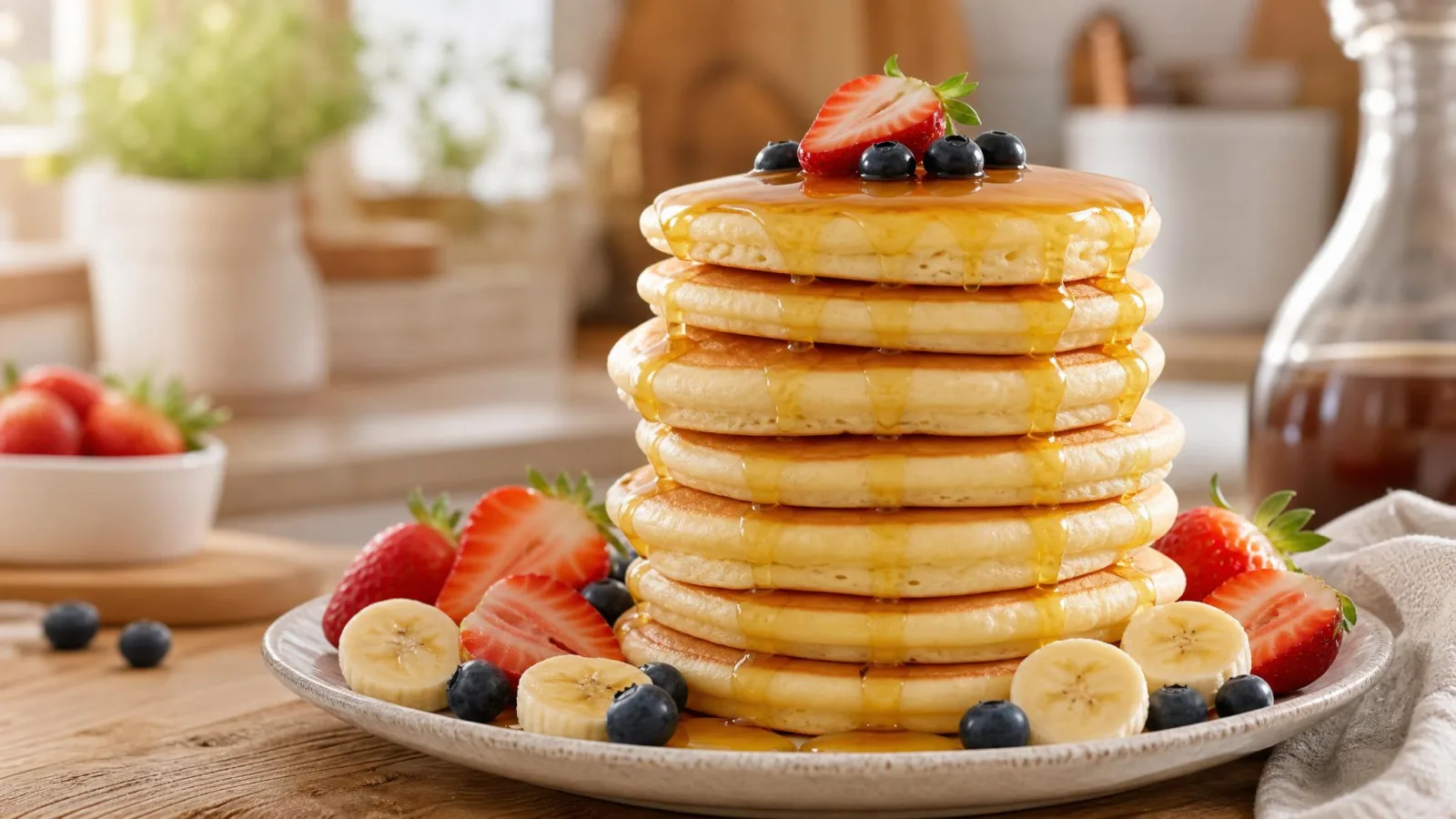 Torre de panqueques esponjosos con miel, fresas, arandanos y platano en una cocina calida.