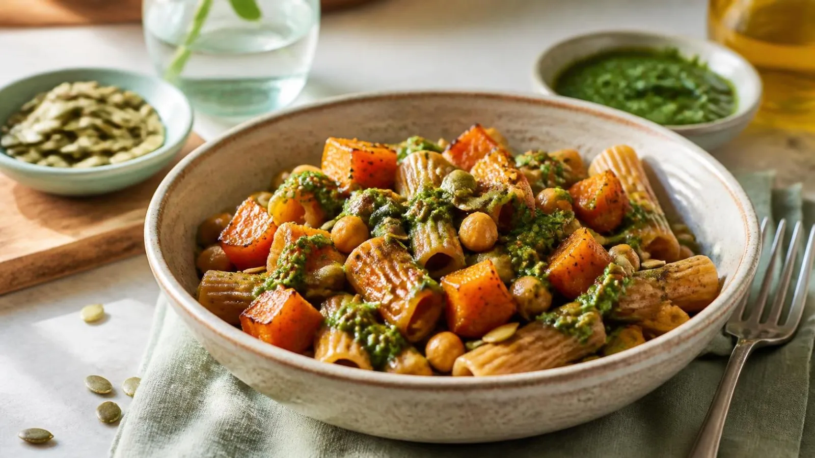 Pasta integral con calabaza asada garbanzos y pesto de cilantro servida en plato casero