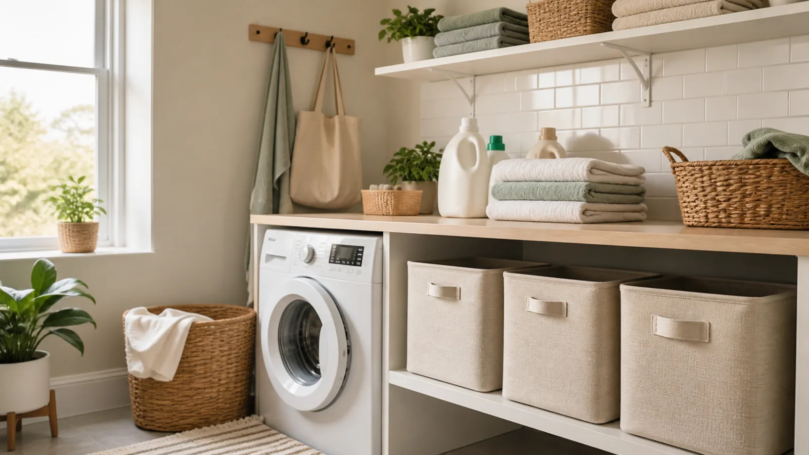 Zona de lavado organizada con lavadora, cestos, detergentes sin marca y ropa doblada en casa